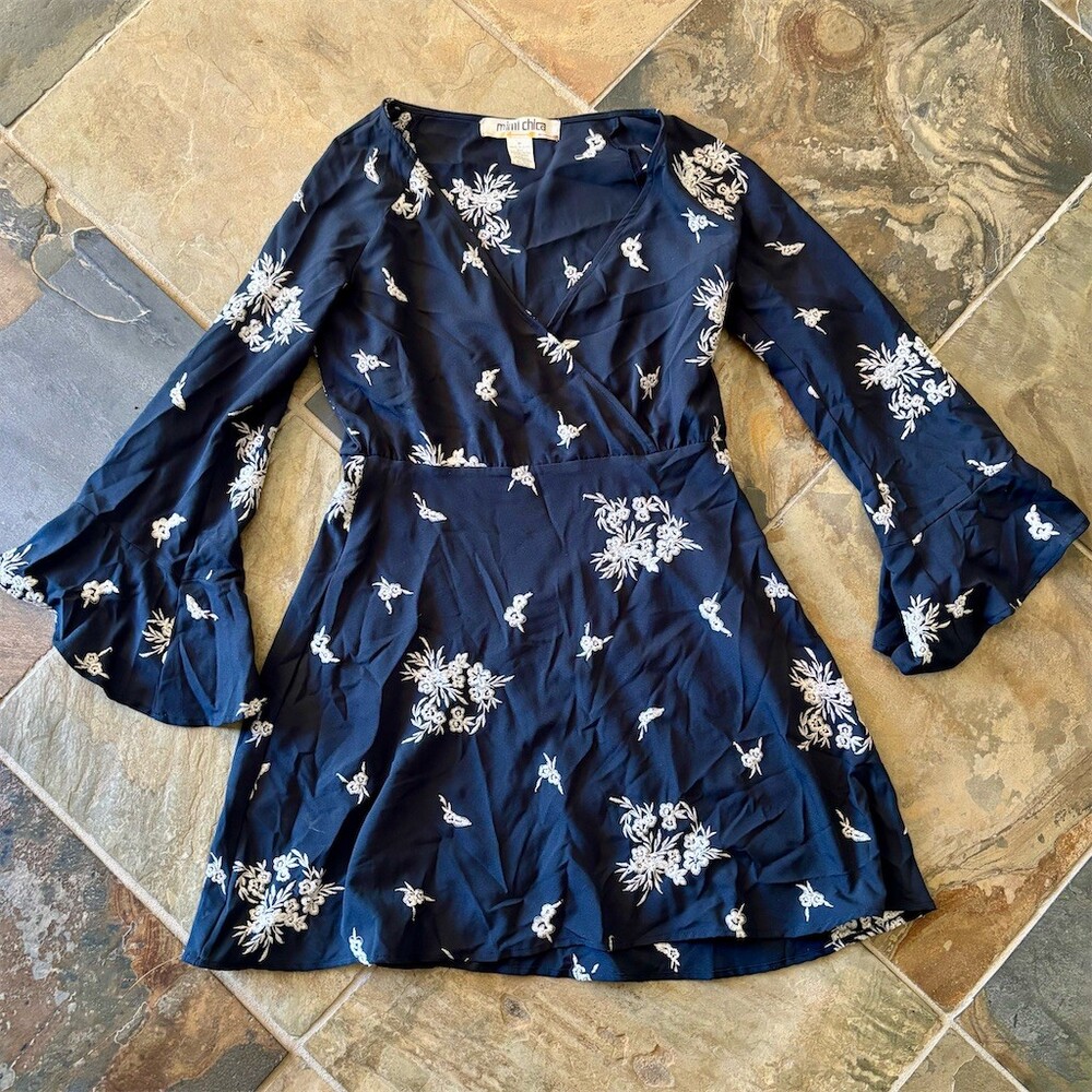 Mimi Chica Dress Womens Size M Navy Blue Floral Embroidered Wrap Mini
